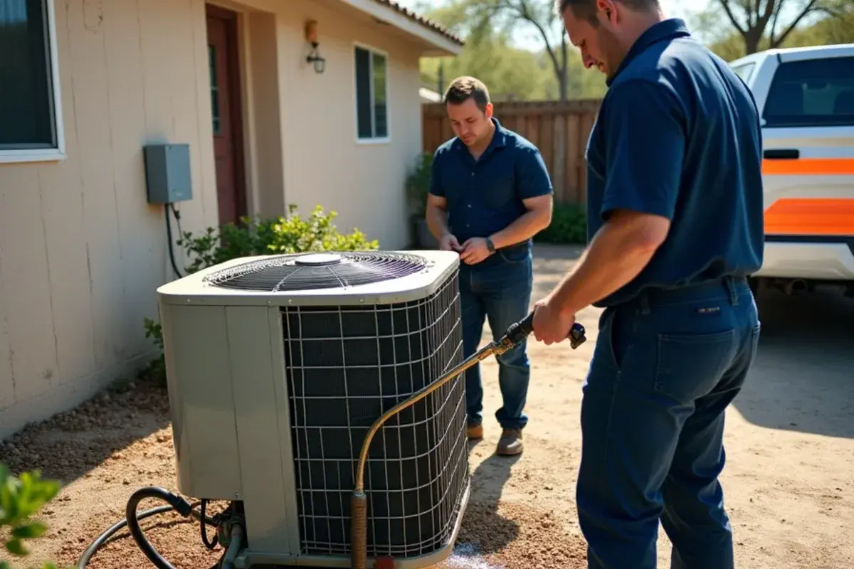 Technician rinsing a condenser coil from the inside after lifting the fan assembly in Rio Grande City