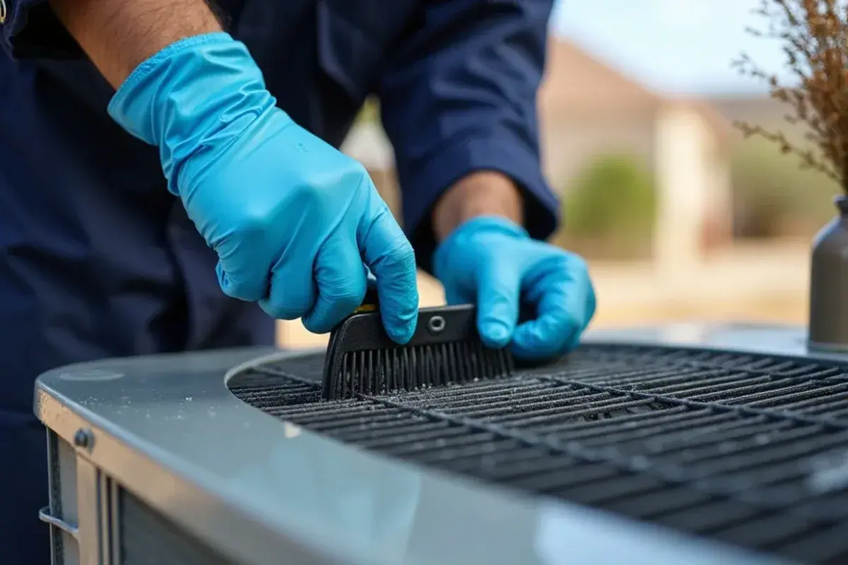Fin comb straightening bent aluminum fins on an outdoor AC coil after washing