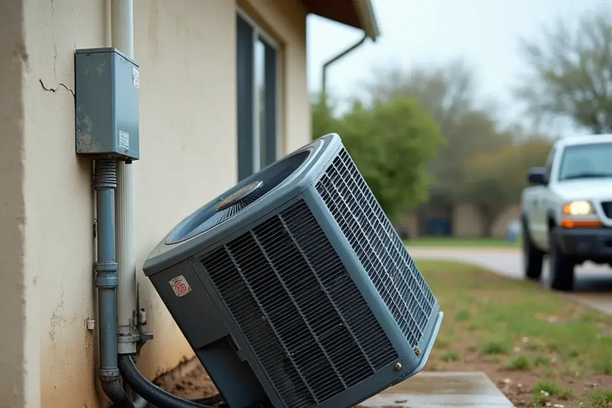 Outdoor AC condenser tilting on a sunken, cracked pad that has settled into the soil