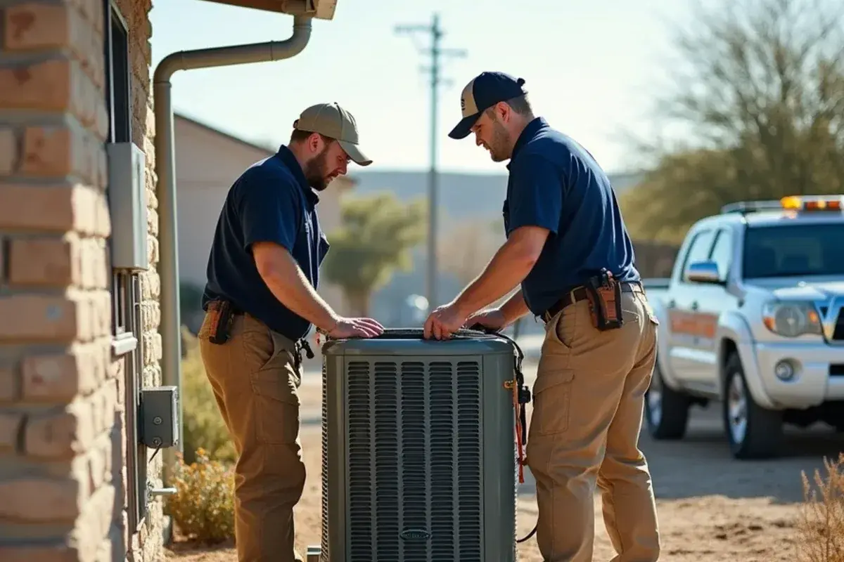 Technicians carefully setting an AC condenser back onto a new concrete pad