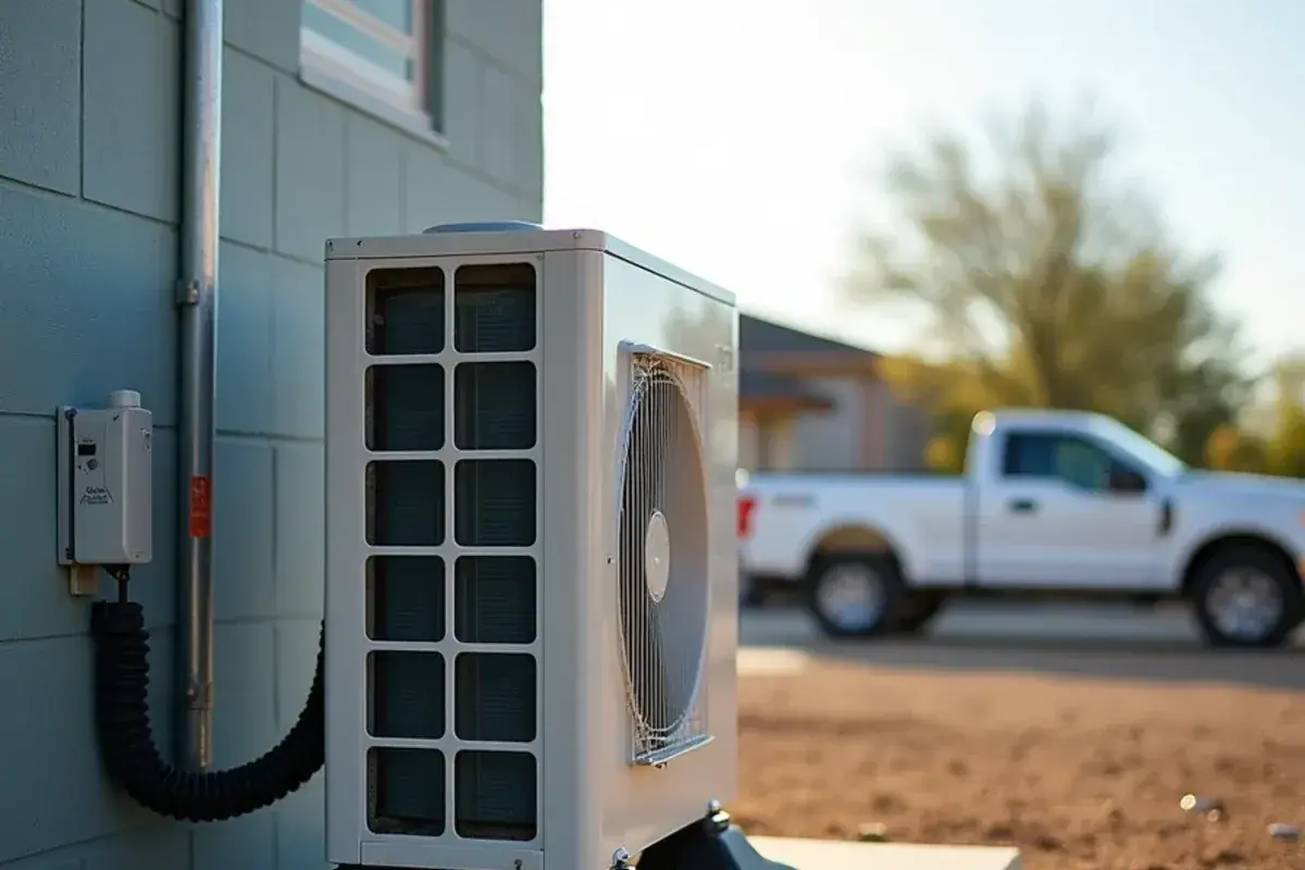 Mini-split outdoor unit on rubber risers bolted to a small concrete pad beside a home