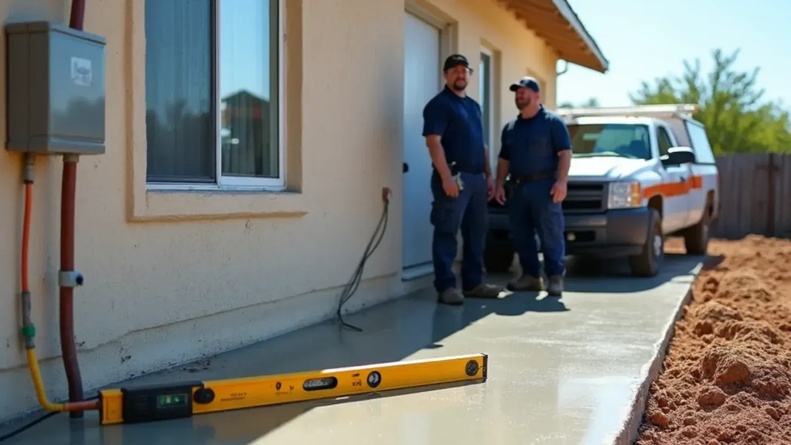 Torpedo level resting on a new concrete AC condenser pad beside a block home in Rio Grande City, TX