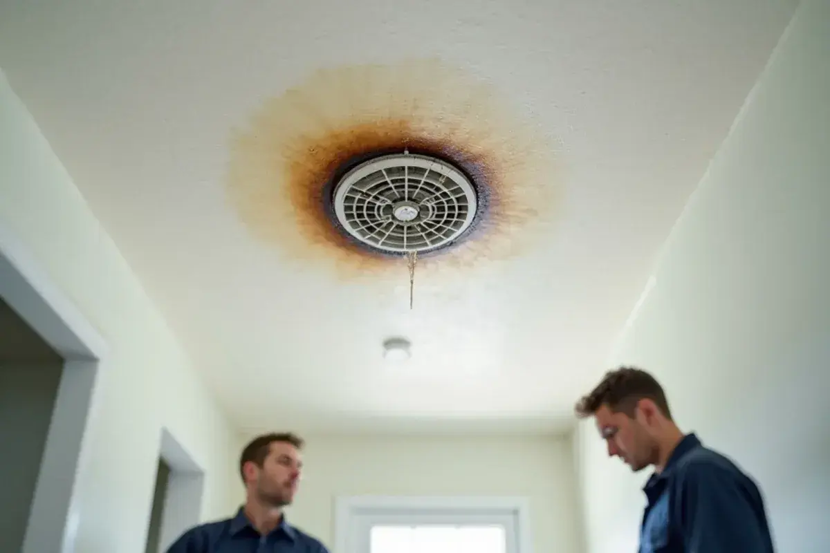 Water stain spreading across a hallway ceiling below an attic air handler with a clogged drain