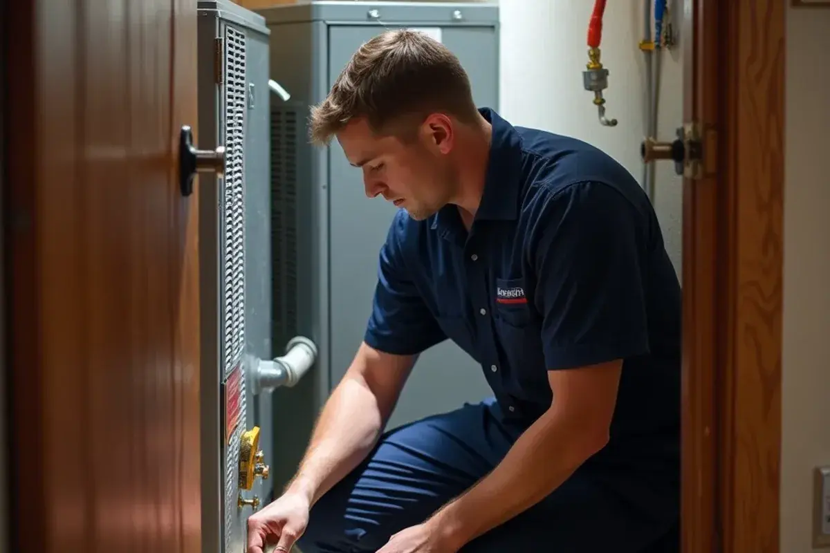 Technician replacing a condensate pump beside an indoor air handler in a manufactured home closet