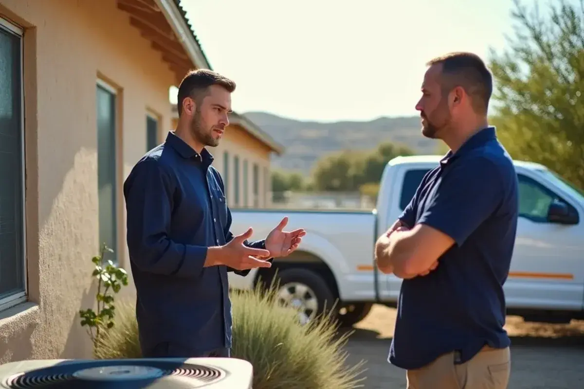 Technician explaining two AC system options beside an outdoor condenser before a homeowner chooses financing