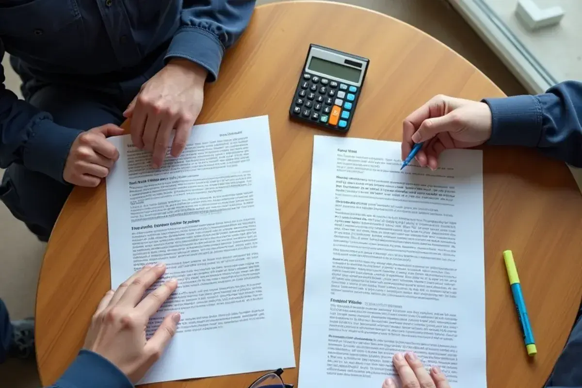 Two printed AC financing offers laid side by side with a calculator for comparing total cost