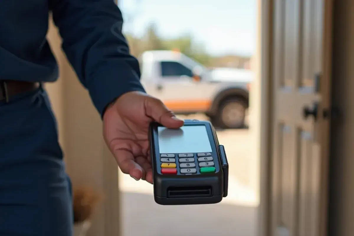Homeowner paying for AC work with a card on a plain payment terminal at a Starr County home