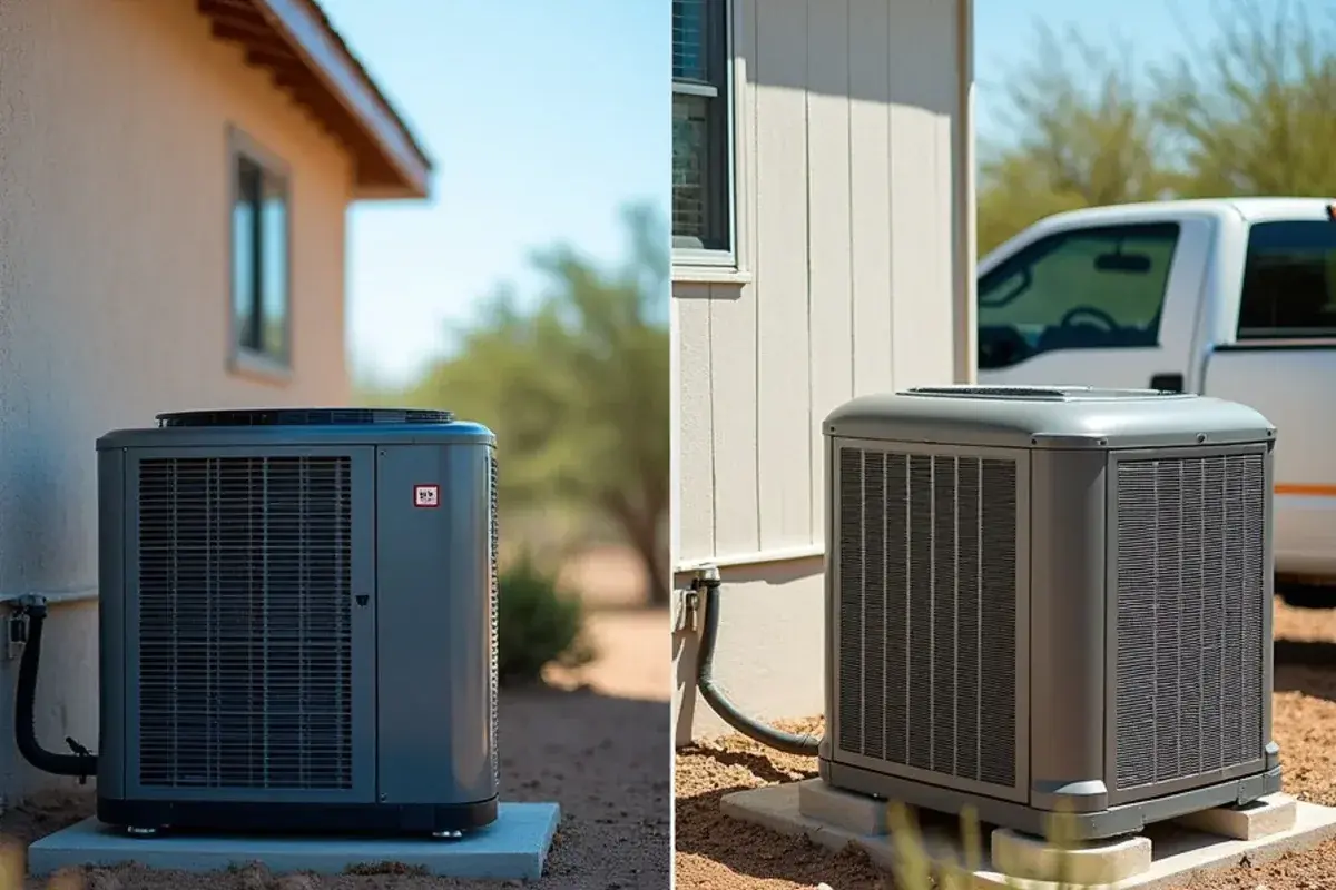 Split-system condenser and a single-package AC unit side by side outside South Texas homes