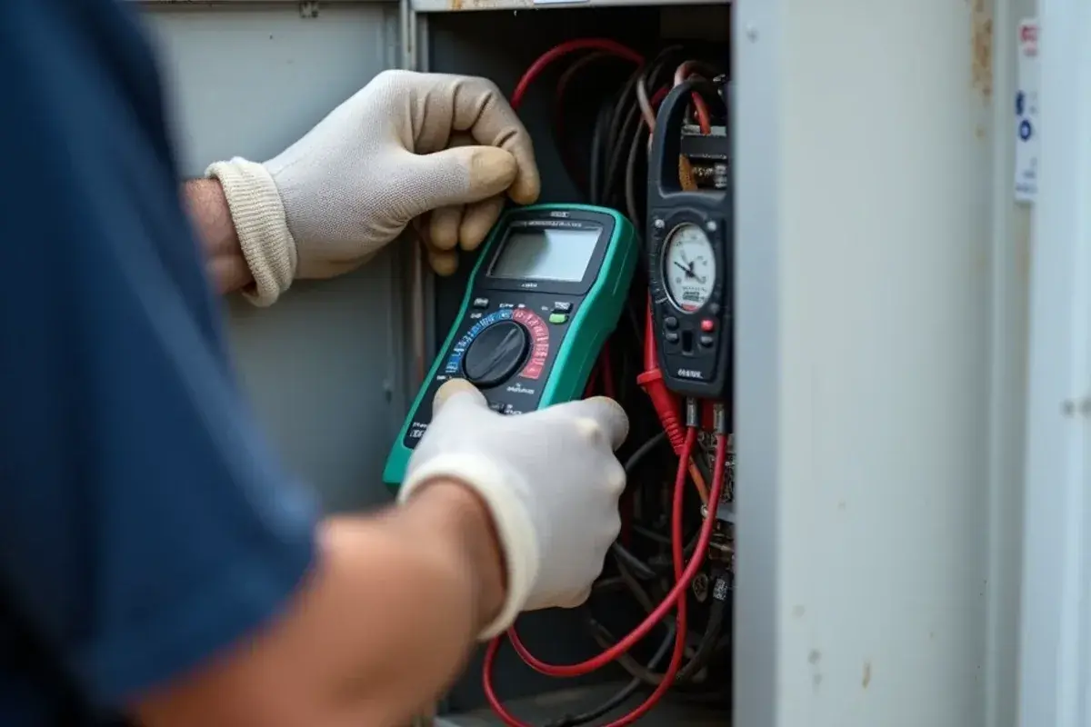 Clamp meter on a condenser wire while a run capacitor is tested during an AC tune-up in Rio Grande City, TX
