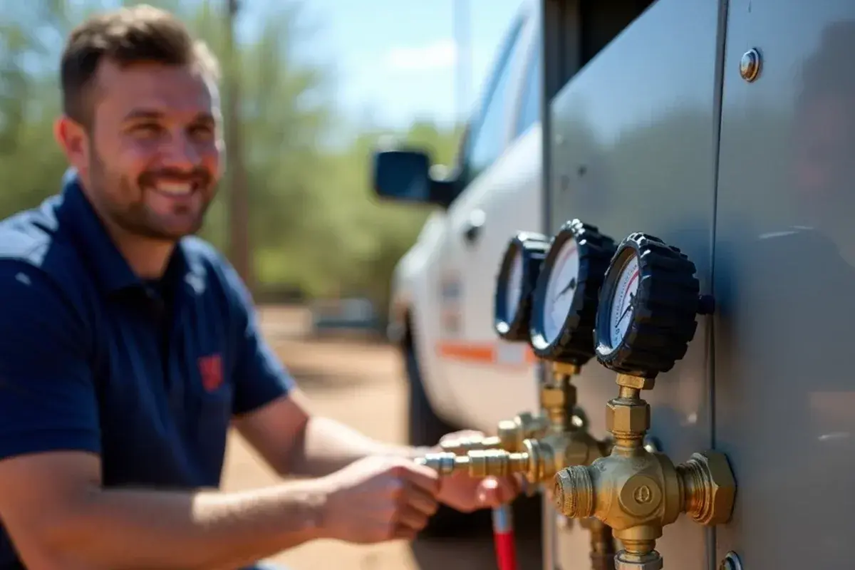 Digital refrigerant gauges connected to condenser service valves for a seasonal AC check in Starr County