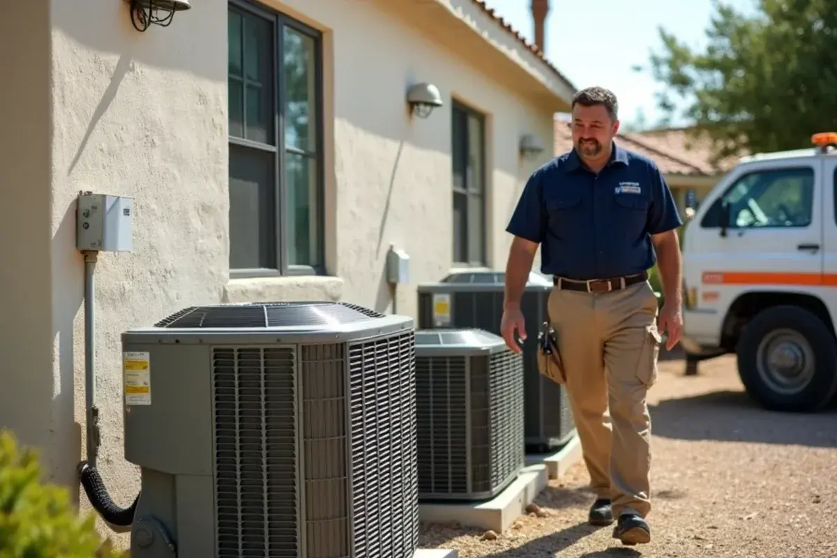 Two AC condensers and a mini-split outdoor unit lined up for service at one Starr County property