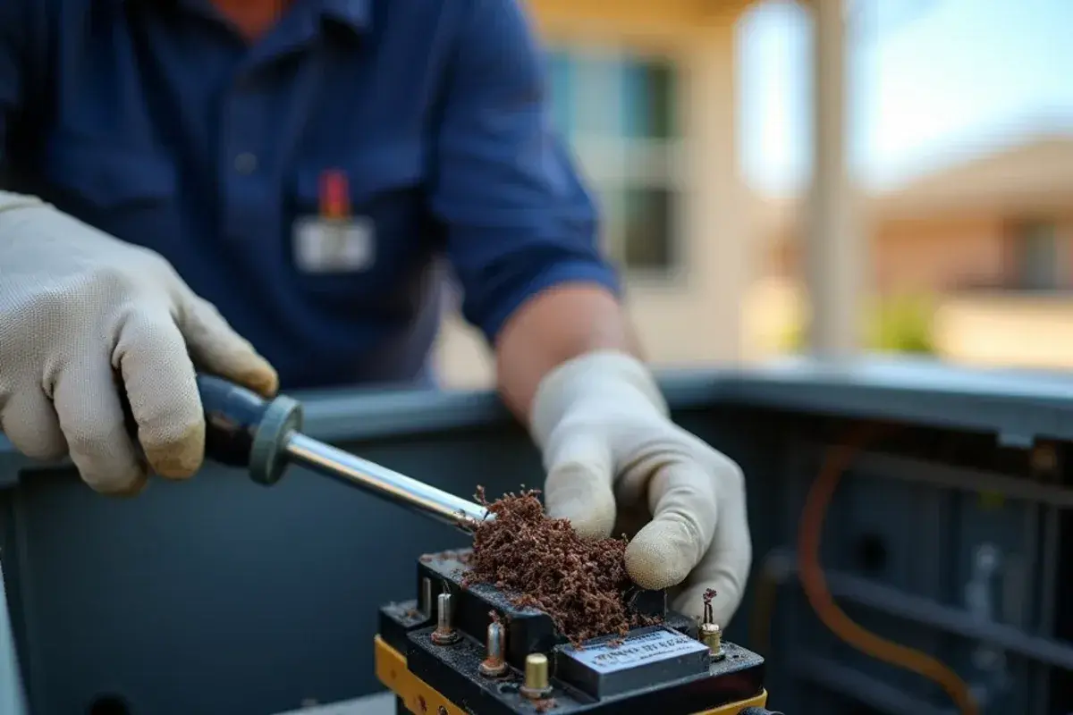 Burnt AC contactor packed with fire ants inside a condenser control panel in Starr County