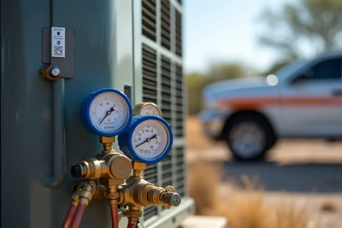 Refrigerant gauge manifold attached to service ports on a central AC condenser in Starr County