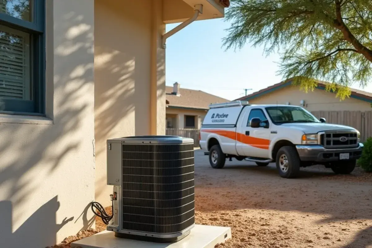 Outdoor AC condenser with weeds cleared and open space on all sides beside a Starr County home
