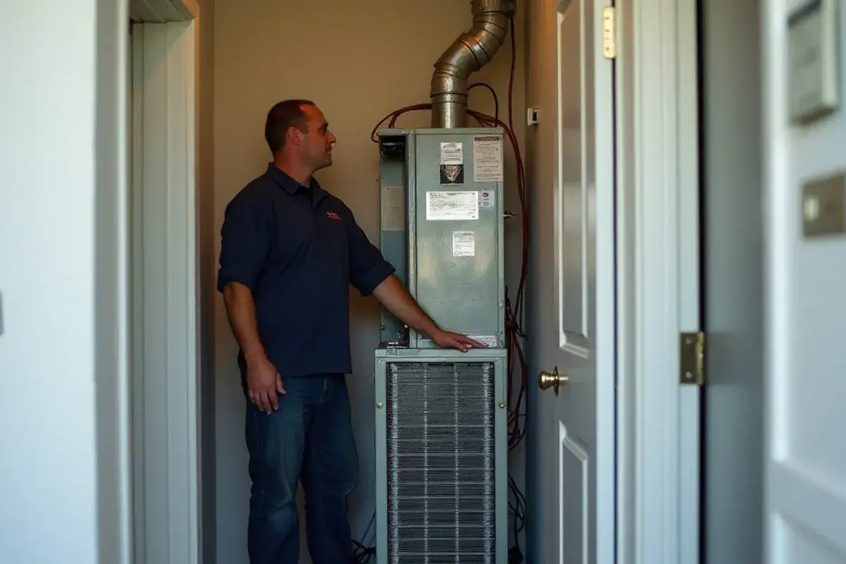 Technician sliding a new matched evaporator coil into an air handler in a hall closet during AC replacement