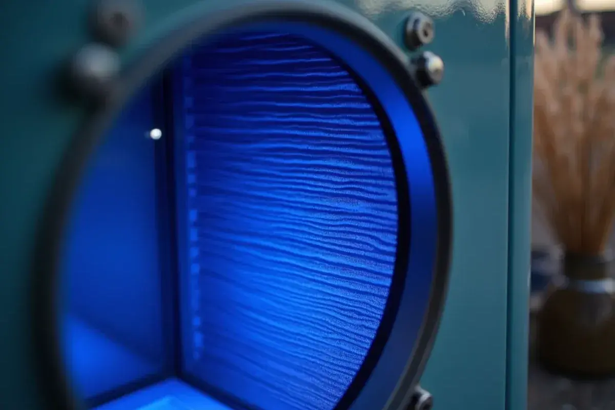 Soft blue UV-C glow over the clean fins of an evaporator coil seen through an inspection port
