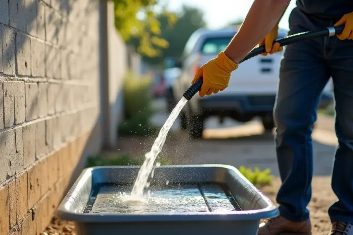 Electronic air cleaner collector cell being rinsed with a garden hose outside a block home