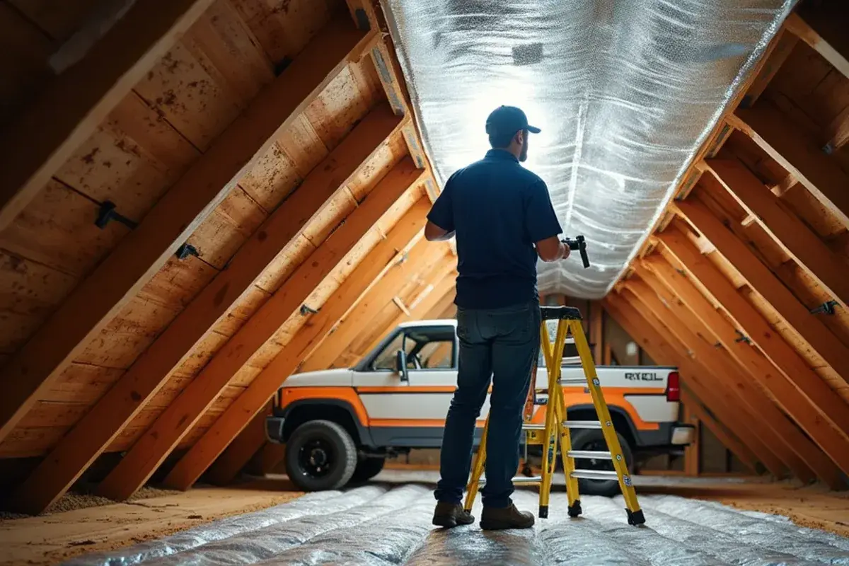 Reflective radiant barrier foil stapled to the underside of roof rafters in a South Texas attic