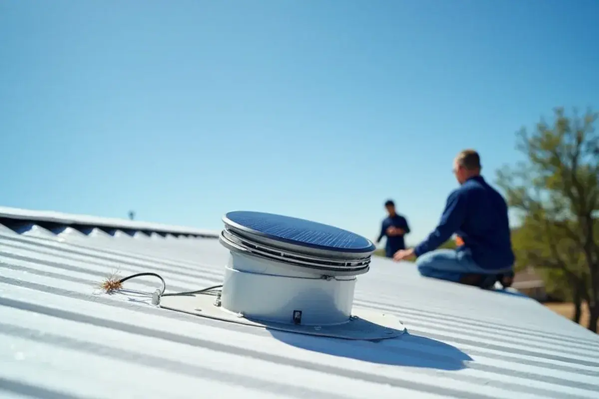 Solar-powered attic fan mounted on a metal roof of a home near Rio Grande City