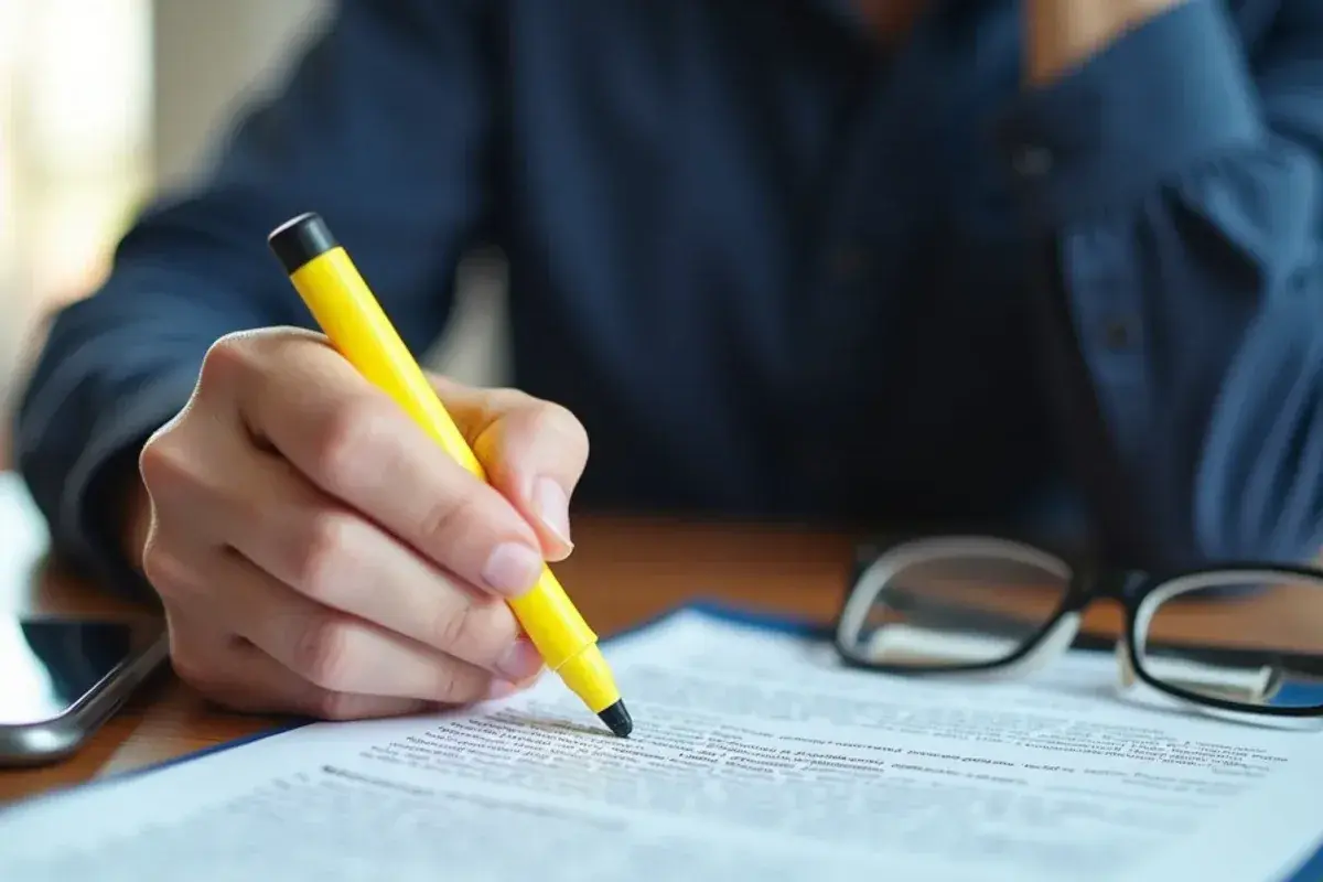 Homeowner reading the fine print of a promotional AC financing disclosure with a highlighter