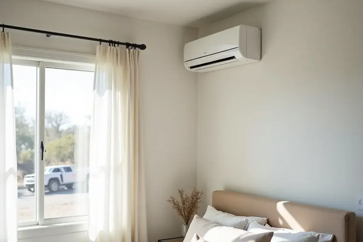 Newly installed ductless mini-split indoor unit high on a bedroom wall in a block home