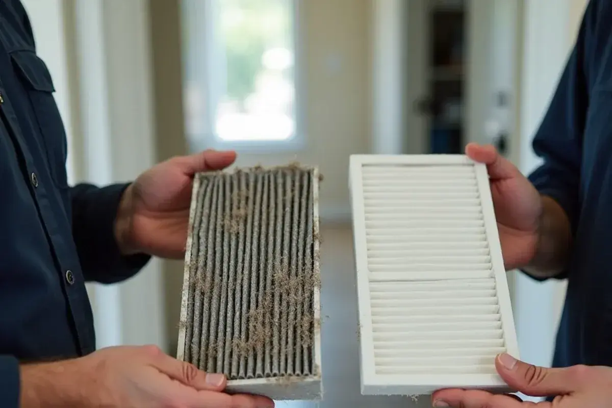 Badly clogged pleated return air filter held next to a clean replacement filter