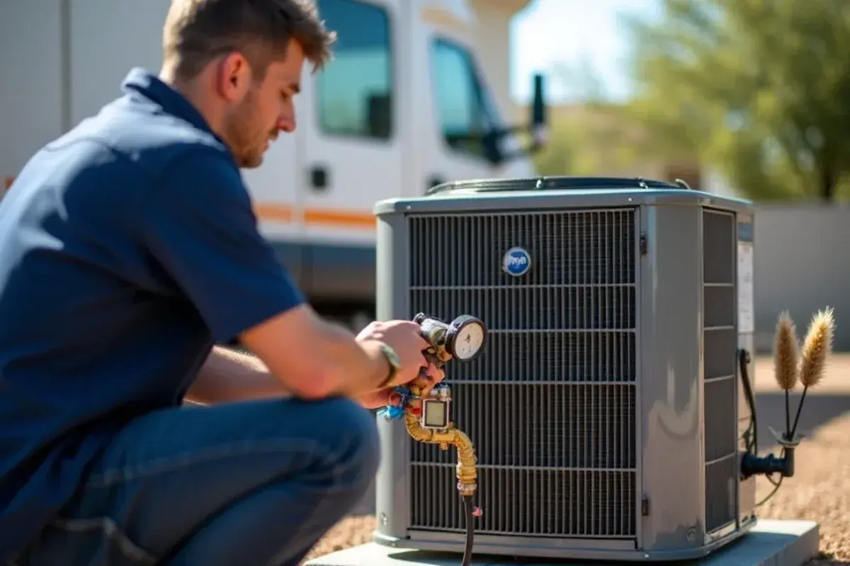 Technician reading refrigerant pressures and line temperature on a thawed AC system to check for low charge