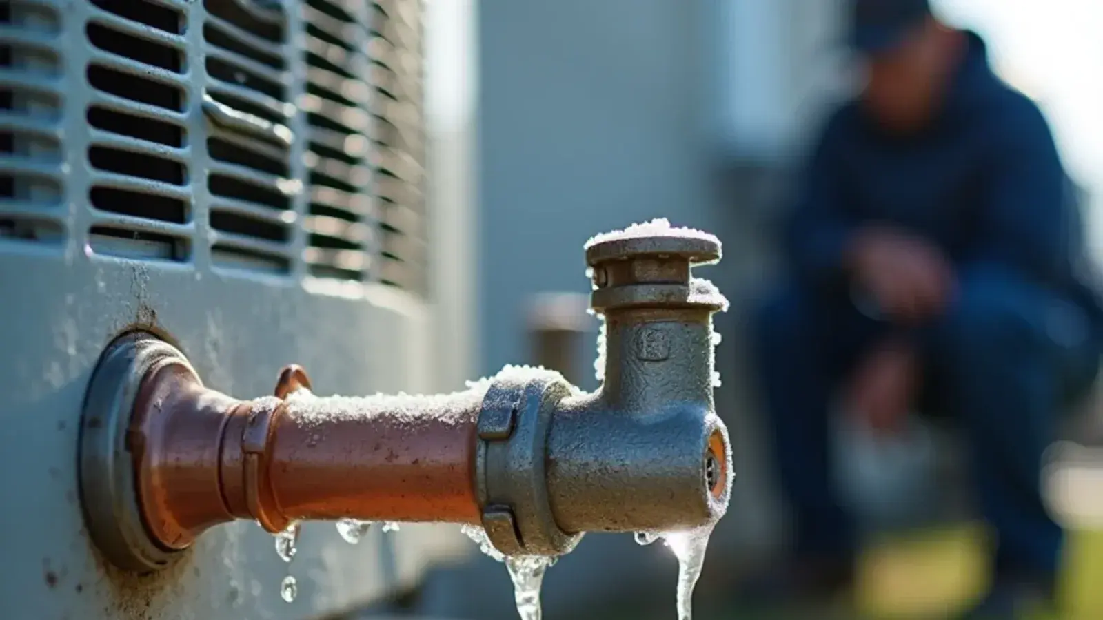 Thick white frost covering the insulated suction line where it enters an outdoor AC condenser in South Texas