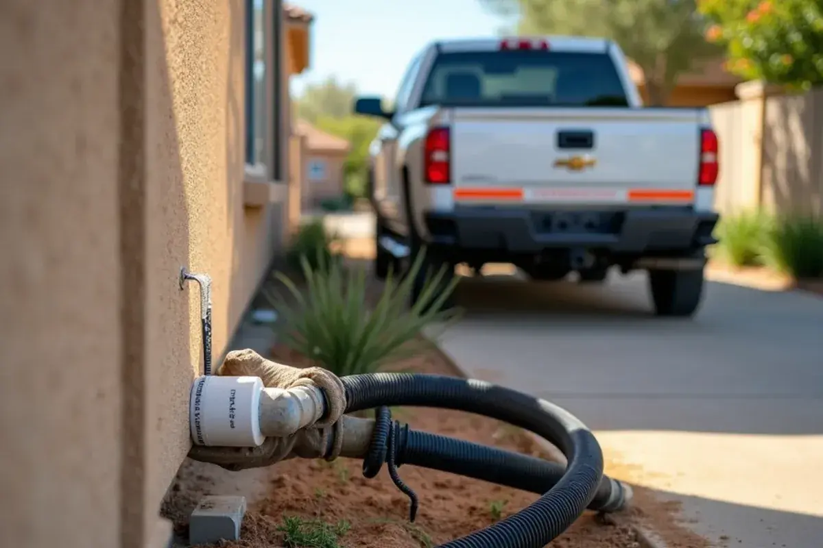 Homeowner using a wet-dry vacuum on the outdoor end of an AC condensate drain line to clear a clog