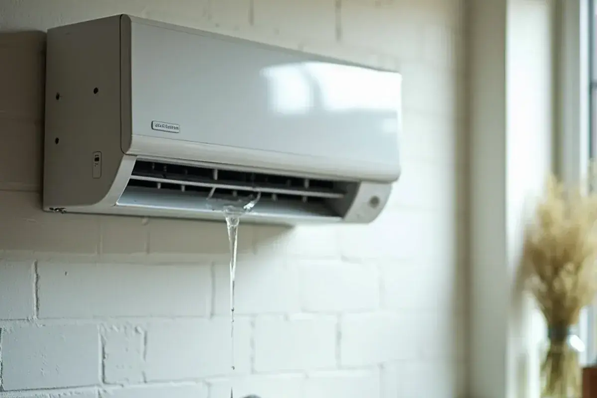 Water dripping from the bottom of a wall-mounted mini-split indoor unit in a humid Valley bedroom