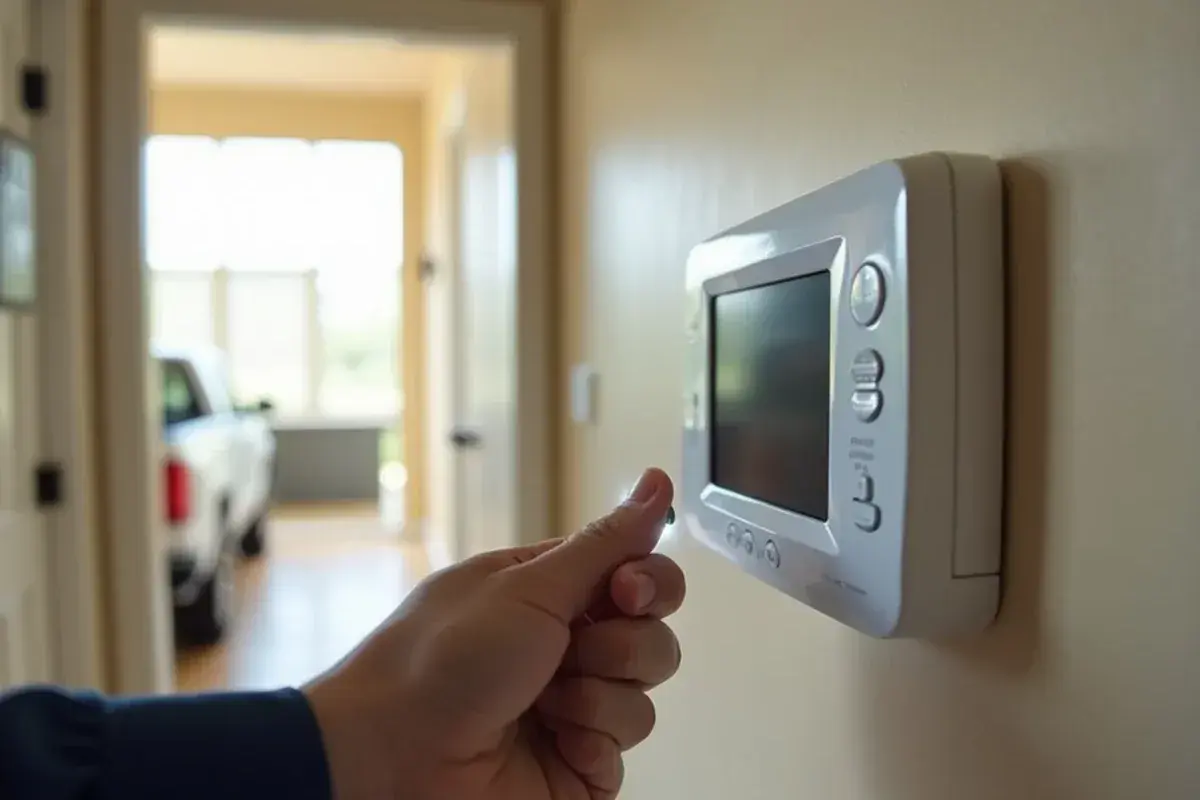 Blank wall thermostat screen in a hallway after a storm power outage