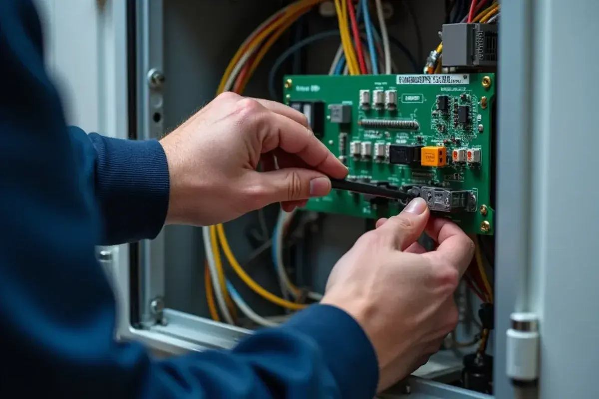 Technician pointing to the low-voltage fuse on an air handler control board after a power surge