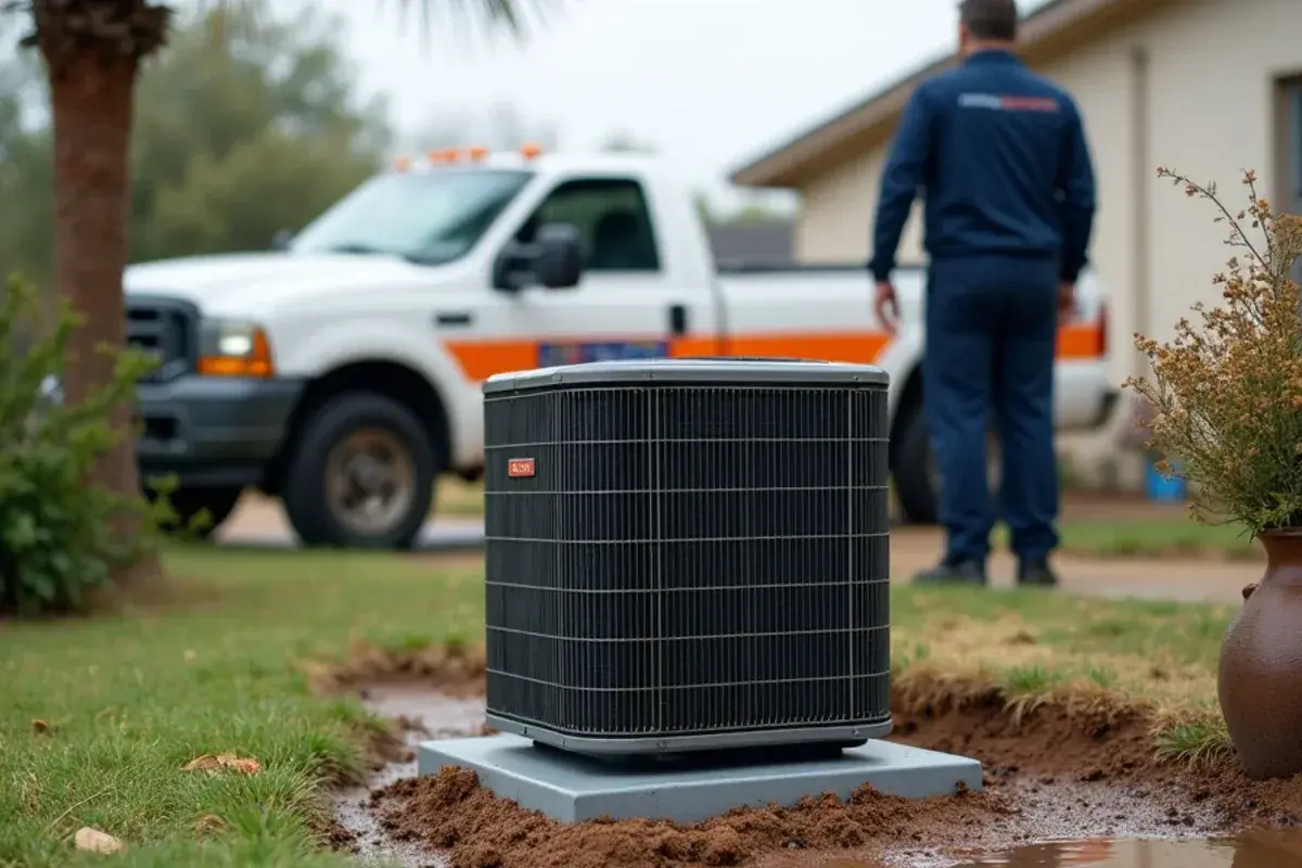 Muddy flood line across the lower panels of an AC condenser after a Valley storm