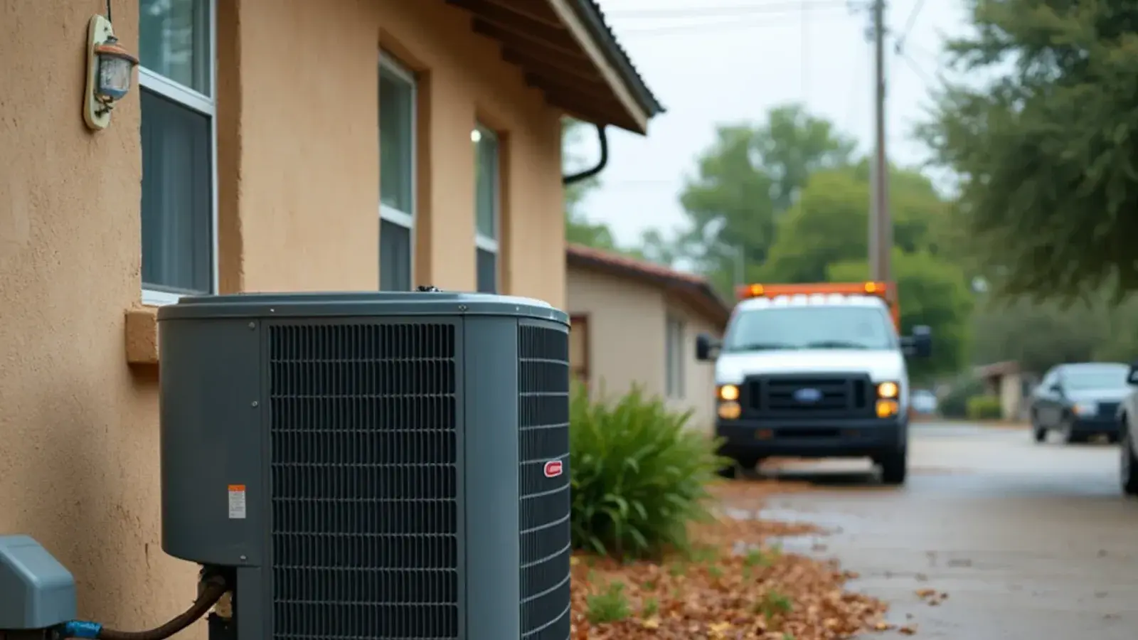 Outdoor AC condenser beside a home after a Rio Grande Valley storm with wet ground and scattered branches