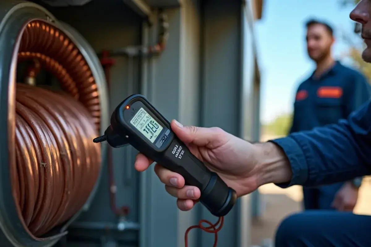 Electronic refrigerant leak detector probe held against an indoor evaporator coil during leak repair