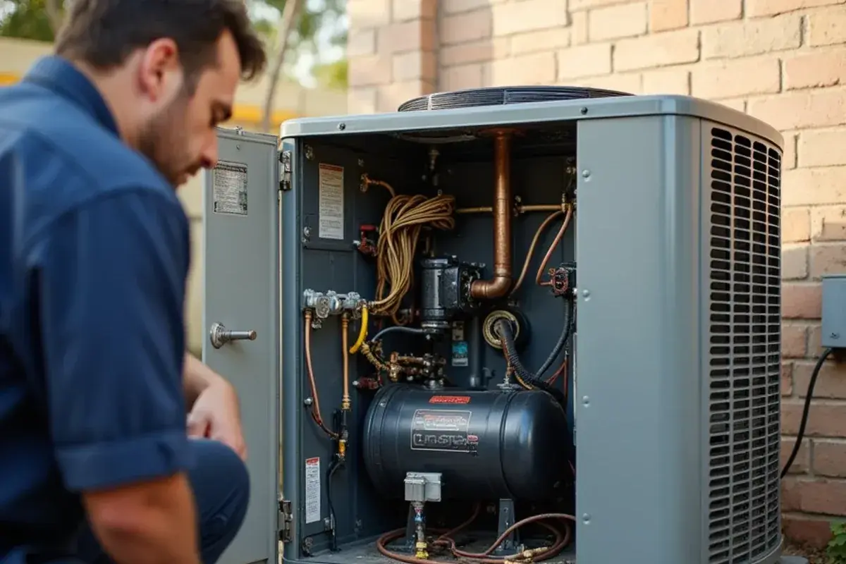 Condenser cabinet opened for compressor replacement in a Rio Grande Valley backyard