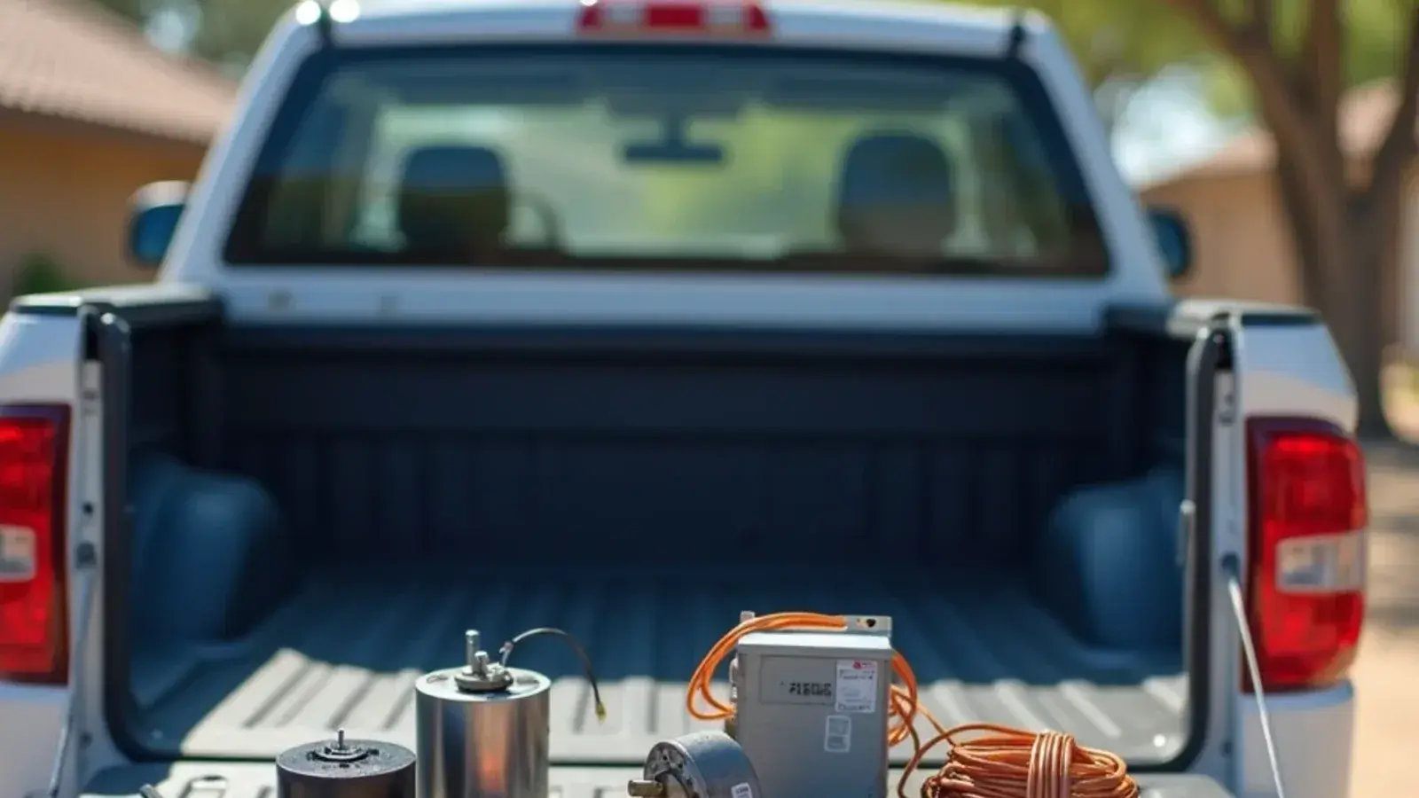 Common AC repair parts laid out on a tailgate including a capacitor, contactor and condenser fan motor