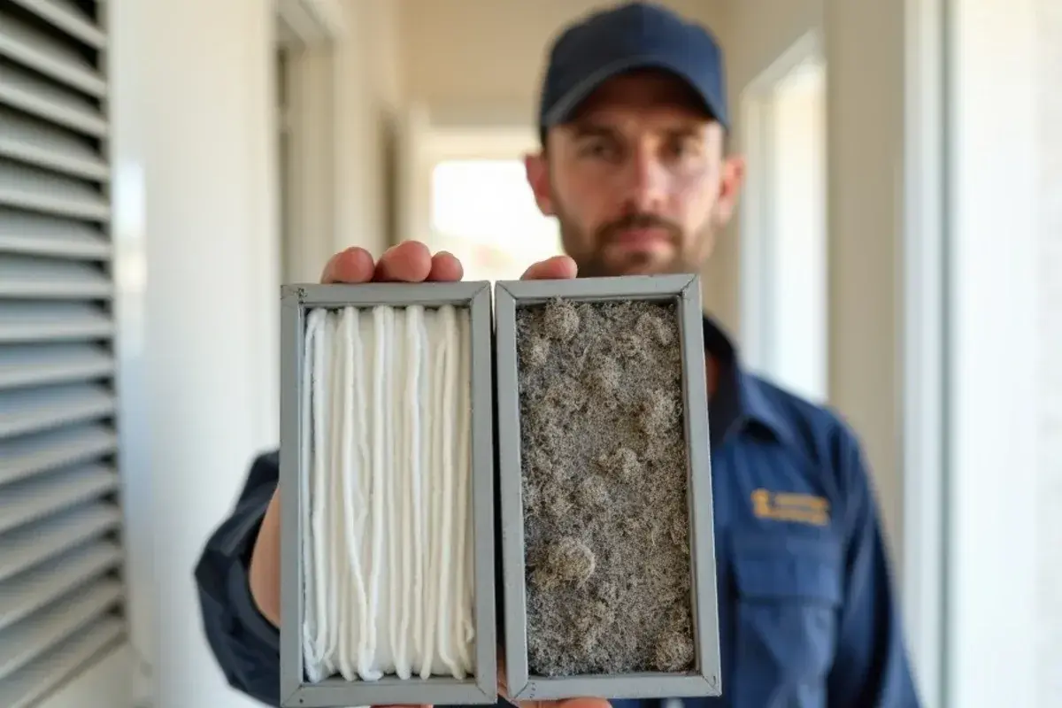 Clean air filter held beside a dust-clogged filter pulled from an AC that is running but not cooling