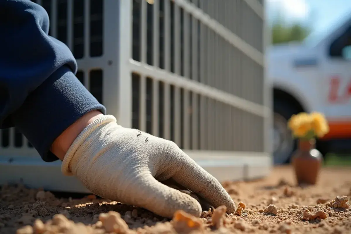 Caliche dust packed into AC condenser coil fins at a home in Las Lomas, TX