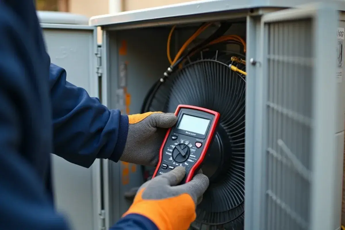 Technician testing the run capacitor inside an outdoor AC unit whose condenser fan has stopped spinning