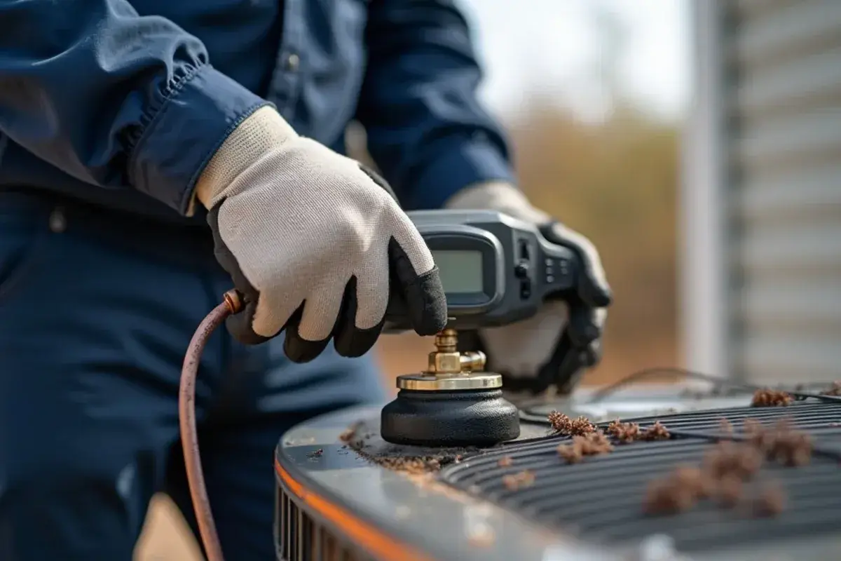 Electronic leak detector probe held at a copper refrigerant line joint beside an outdoor AC condenser