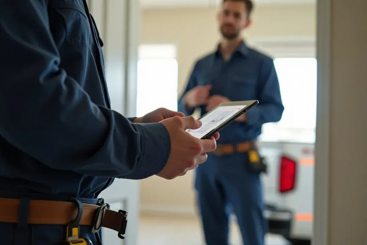 Technician entering room dimensions into a load calculation on a tablet during an AC sizing visit