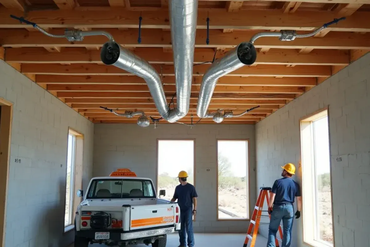 Open ceiling framing in a new home with supply duct runs laid out before drywall