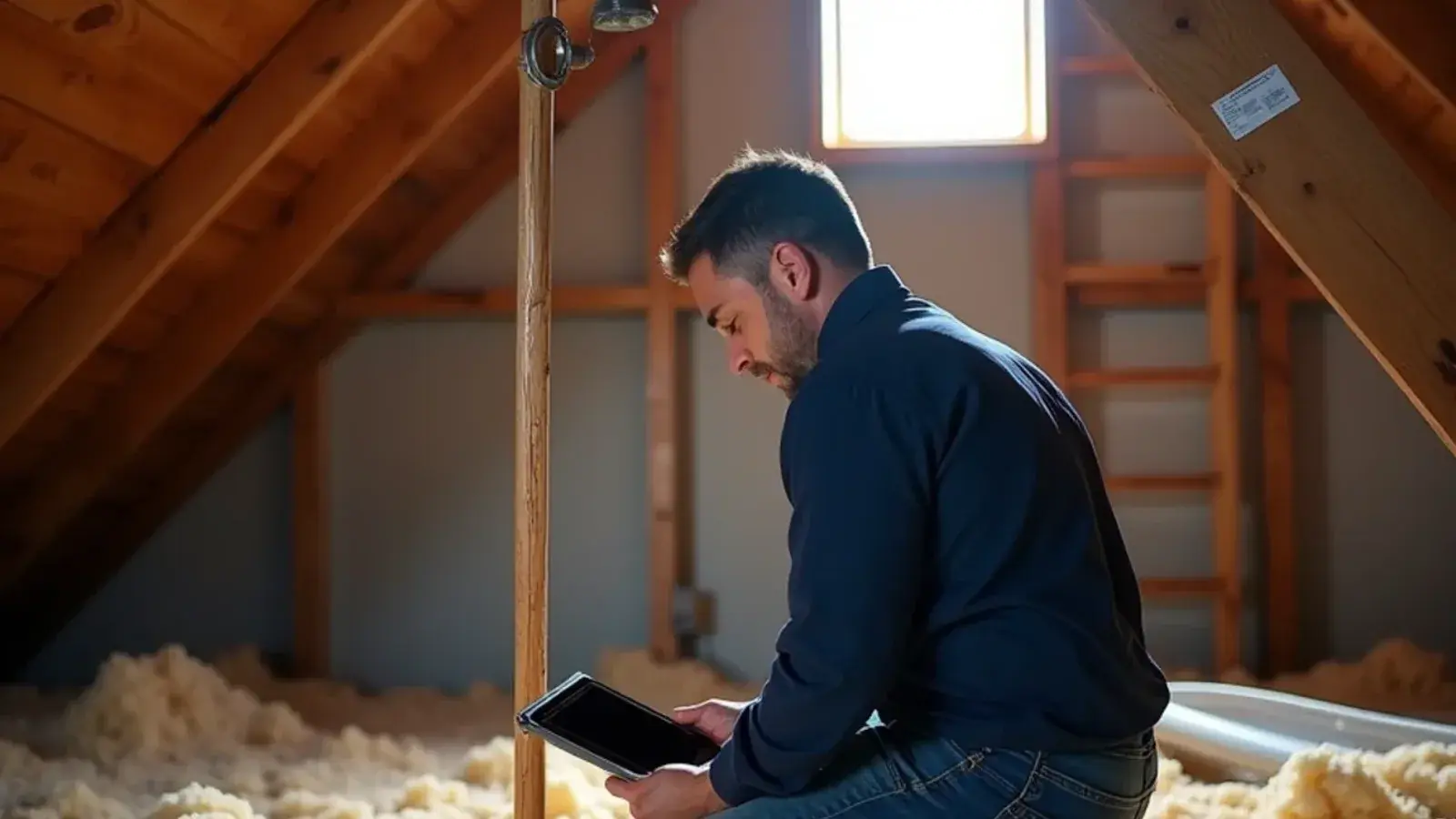 Technician measuring attic insulation depth during a load calculation for AC sizing in a Rio Grande City home