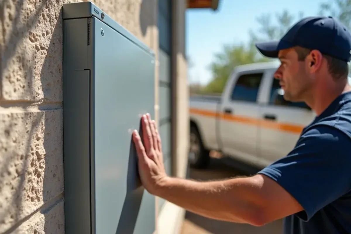 Homeowner checking the outdoor AC disconnect box beside a condenser on a hot Starr County afternoon