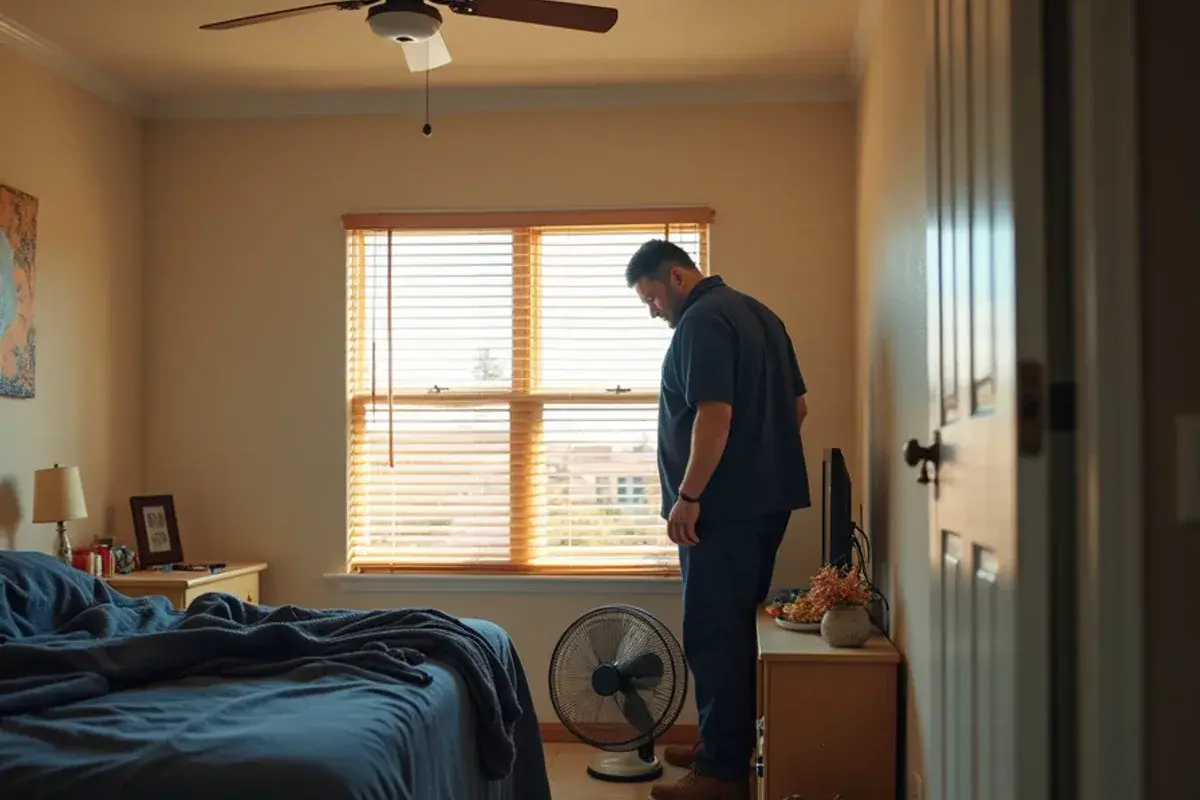 Closed blinds on a west-facing window and a ceiling fan running to keep a house cool without AC