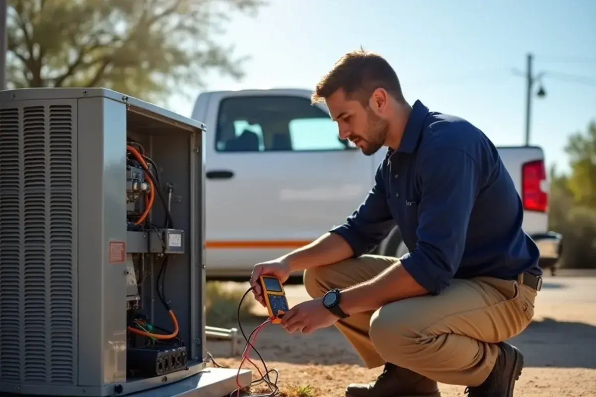 AC technician testing a stopped condenser during a Starr County heat wave emergency repair visit
