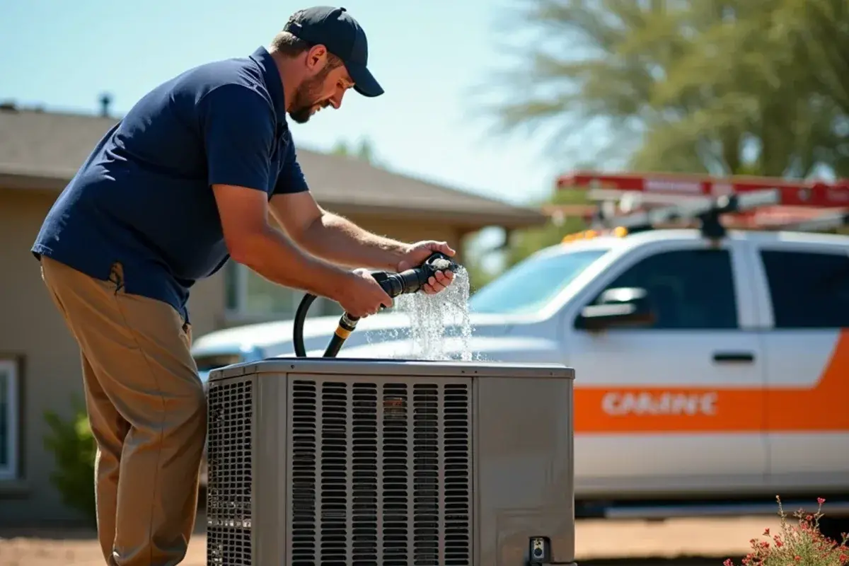 Technician washing a condenser coil from the inside out with the fan top lifted aside