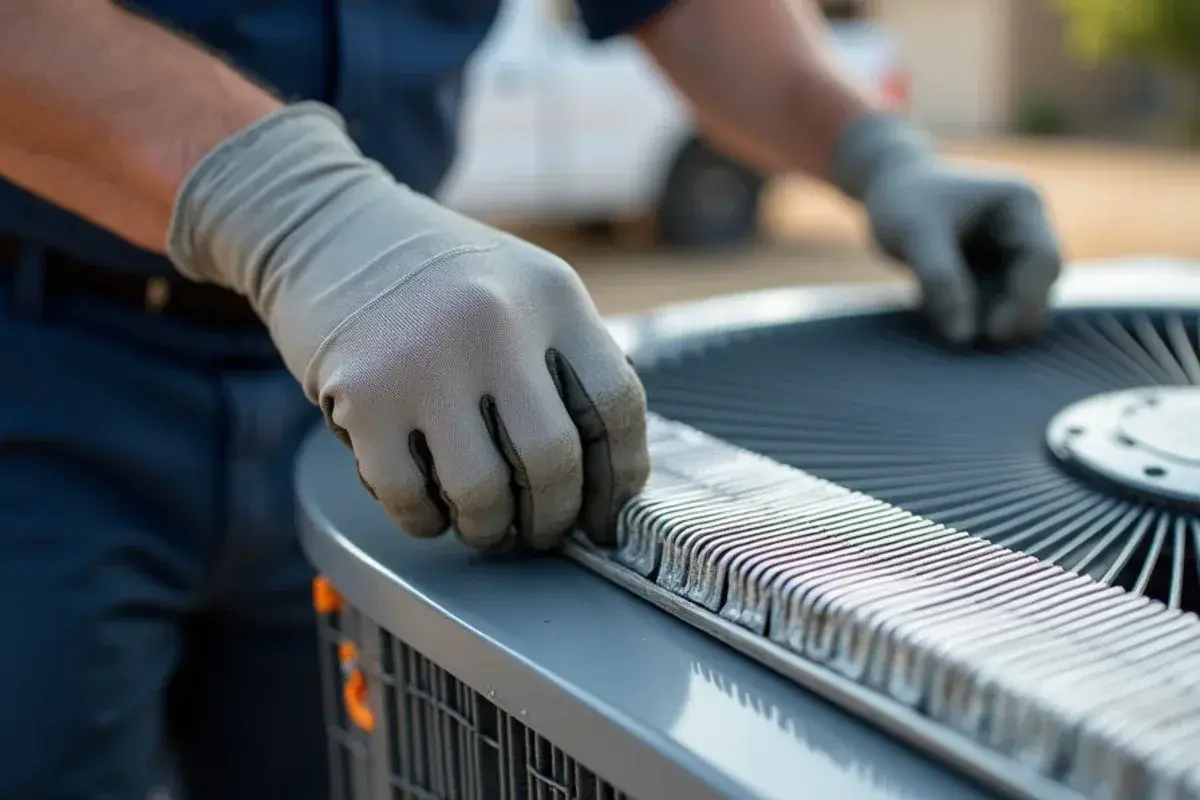 Fin comb straightening bent aluminum fins on a residential condenser coil after washing