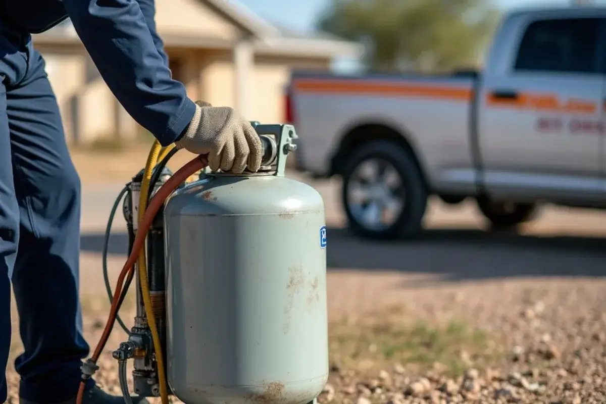 Refrigerant recovery machine and tank connected to an old AC unit during a replacement